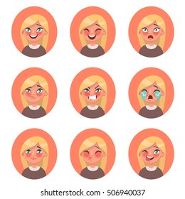 Set of children's girl avatars expressing various emotions. Smile, laughter, fear, perplexity, anger, tears, sadness,  kiss,  wink. Vector illustration in cartoon style.