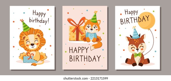 a set of children's greeting cards with cute animals. Birthday celebration cards. Vector illustration