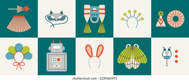 Set with children's handmade costumes - robot, fairy, princess, butterfly, fox etc. Games, fun, theater and Halloween concept. Hand drawn vector illustration isolated. Cute style in pastel colors.