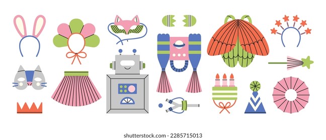 Set with children's handmade costumes - robot, fairy, princess, butterfly, fox etc. Games, fun, theater and Halloween concept. Hand drawn vector illustration isolated on white background. Cute style.