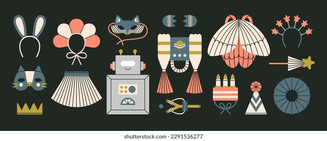 Set with children's handmade costumes - robot, fairy, princess, butterfly, fox etc. Games, fun, theater and Halloween concept. Hand drawn vector illustration isolated on black background. Cute style.