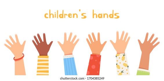 Set children's hands raised up. Children of different nationalities wave their hands. Friendship and happy childhood concept