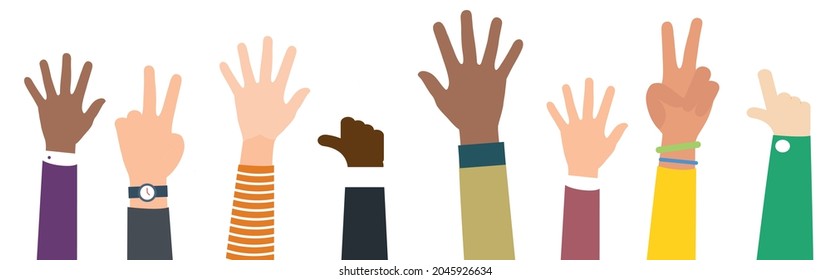 Set children's hands raised up. Children of different nationalities wave their hands. Friendship and happy childhood concept
