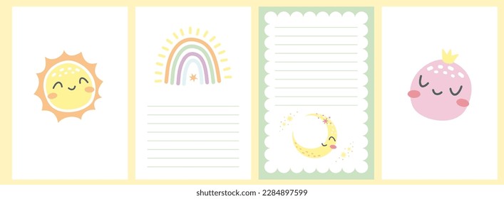 A set of children's holiday cards. Cute smiling planets, rainbows. Template for baby showers, birthdays, holidays