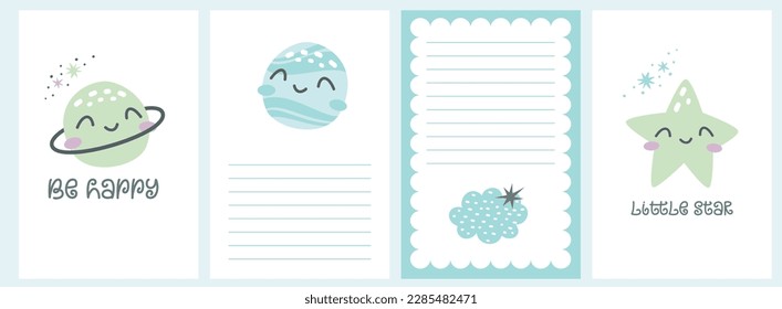 A set of children's holiday cards. Cute smiling planets, rainbows. Template for baby showers, birthdays, holidays