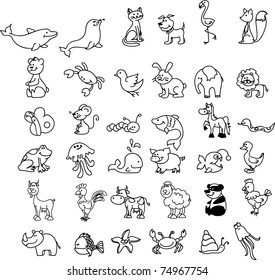 set of children's icons of animal, black and white coloring