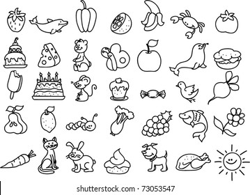 set of children's icons of food and animal