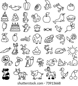 set of children's icons of food and animal