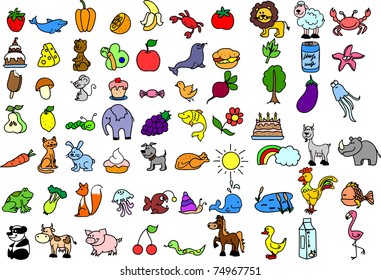 set of children's icons of food and animal