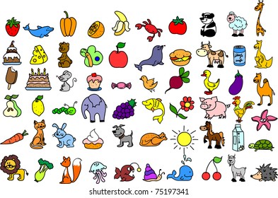 set of children's icons of food and animal