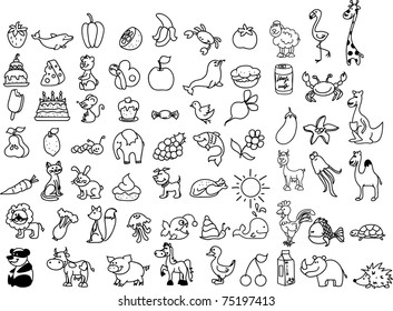 set of children's icons of food and animal, black and white coloring