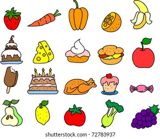 set of children's icons of food for training