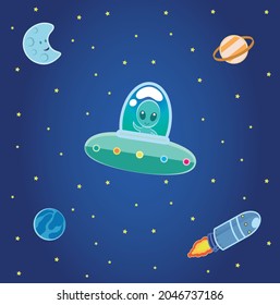 Set of children's illustrations about an alien traveller in a ufo across the space.