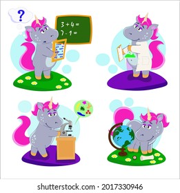 Set of children's illustrations for children. A unicorn with a globe and microscope, solves examples, conducting an experiment