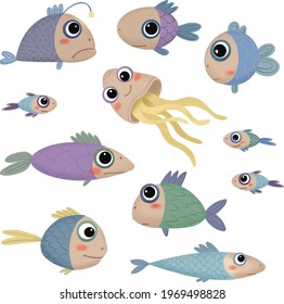 Set of children's illustrations with colorful cartoon fish and jellyfish