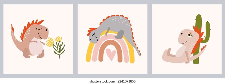 A set of children's illustrations with cute dinosaurs. Baby shower cards collection. For postcards, posters, nursery decorations, kids tee print.