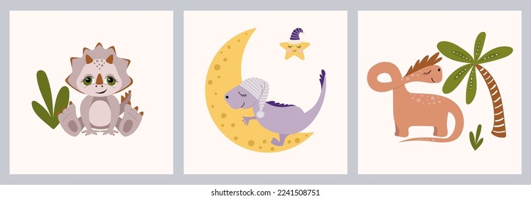 Eine Reihe von Kinderillustrationen mit süßen Dinosauriern. Babyduschkarten-Kollektion. Für Postkarten, Plakate, Kinderdekorationen, Tee-Druck für Kinder.