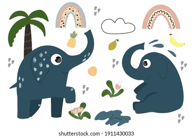 Set of children's illustrations of cute elephants. Colorful vector illustration for print. Isolated on white