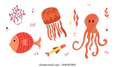 Set of children's illustrations, orange cute jellyfish, round fish and octopus and algae, isolated elements on a white background. Illustration for postcards, T-shirts, posters.