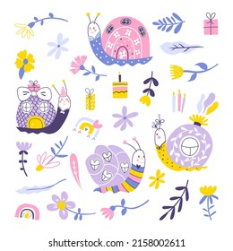 Set of children's illustrations with snails and flowers isolated on a white background. Children's characters