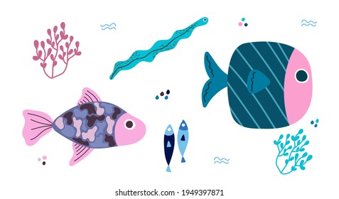 A set of children's illustrations, striped blue fish, eel fish, spotted fish and algae, isolated elements on a white background. Illustration for postcards, T-shirts, posters.