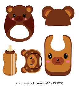 set of children's items, namely, a rattle toy, a pacifier, a feeding bottle, a bib and a hat, with an image of an animal, namely a bear, for packaging, design or textile