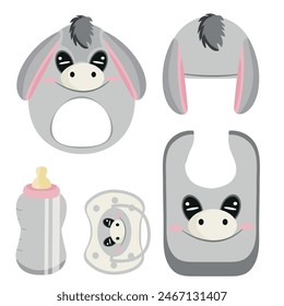 set of children's items, namely, a rattle toy, a pacifier, a feeding bottle, a bib and a hat, with an image of an animal, namely a donkey, for packaging, design or textile