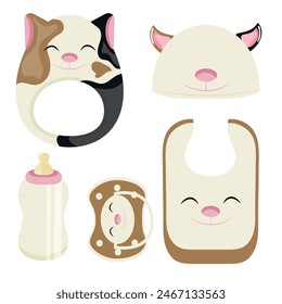 set of children's items, namely, a rattle toy, a pacifier, a feeding bottle, a bib and a hat, with an image of an animal, namely a cat, for packaging, design or textile