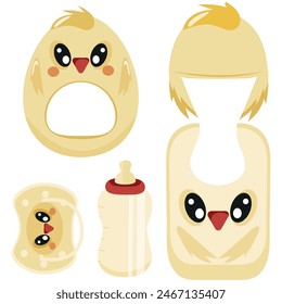 set of children's items, namely, a rattle toy, a pacifier, a feeding bottle, a bib and a hat, with an image of an animal, namely a chiken, for packaging, design or textile