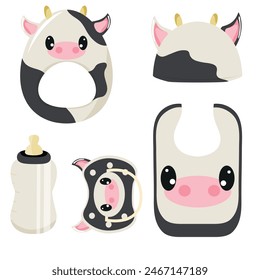 set of children's items, namely, a rattle toy, a pacifier, a feeding bottle, a bib and a hat, with an image of an animal, namely a cow, for packaging, design or textile