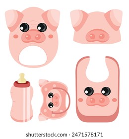 set of children's items, namely, a rattle toy, a pacifier, a feeding bottle, a bib and a hat, with an image of an animal, namely a pig, for packaging, design or textile