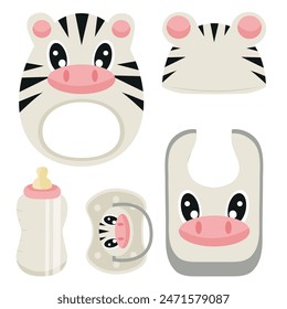 set of children's items, namely, a rattle toy, a pacifier, a feeding bottle, a bib and a hat, with an image of an animal, namely a zebra, for packaging, design or textile