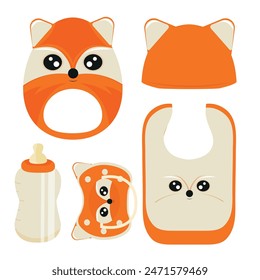 set of children's items, namely, a rattle toy, a pacifier, a feeding bottle, a bib and a hat, with an image of an animal, namely a fox, for packaging, design or textile