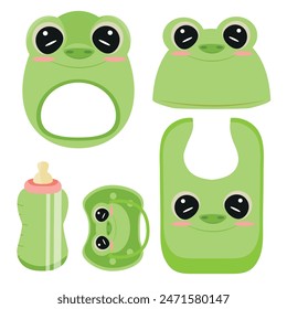 set of children's items, namely, a rattle toy, a pacifier, a feeding bottle, a bib and a hat, with an image of an animal, namely a frog, for packaging, design or textile