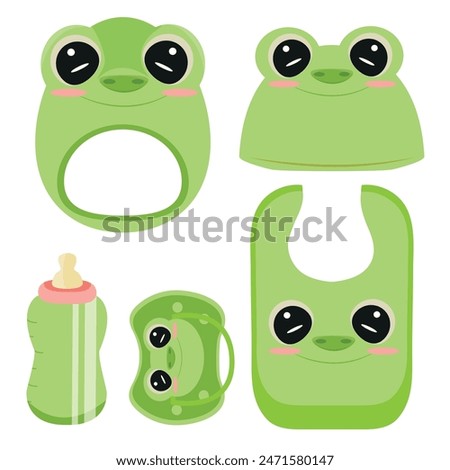 set of children's items, namely, a rattle toy, a pacifier, a feeding bottle, a bib and a hat, with an image of an animal, namely a frog, for packaging, design or textile