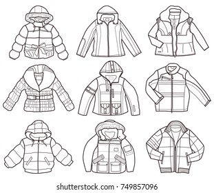set of children's jackets isolated on white background (coloring book)