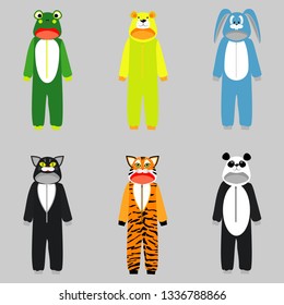 A set of children's kigurumi pajamas in the form of animals frog, bear, rabbit, cat, tiger, panda