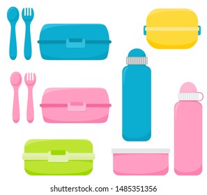 Set of children's lunch boxes with drinking bottles. Vector isolates on a white background.