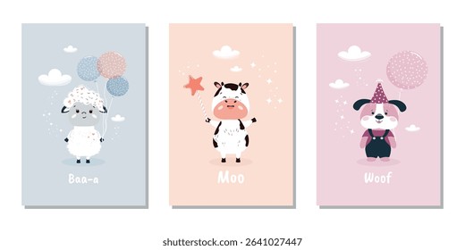 A set of children's modern banners with hand-drawn lamb with balloons, cow and dog for invitations, greeting cards, covers, posters and more. Flat vector illustration.