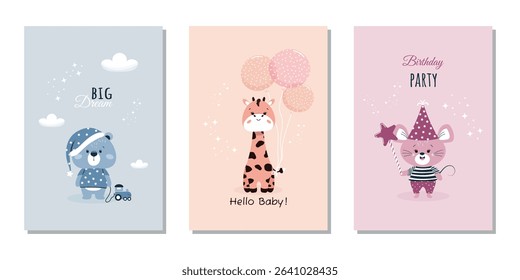 A set of children's modern banners with hand-drawn teddy bears, giraffes and a mouse with a magic wand for invitations, greeting cards, covers, posters and more. Flat vector illustration.