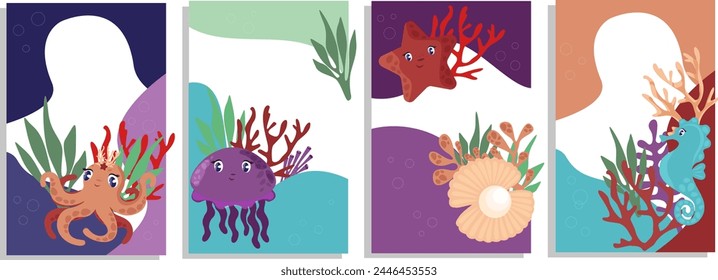 A set of children's multi-colored cards with sea animals: octopus, starfish, jellyfish, seahorse and underwater plants, corals and algae.
