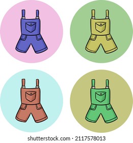 A set of children's multi-colored jeans clothes, a summer jumpsuit for walking. Vector illustration for clothing decoration, emblem, icon