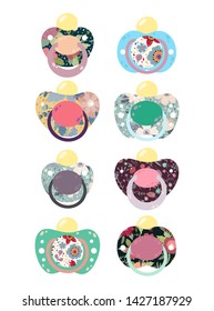 Set of children's pacifiers with beautiful flowers. Nipple newborn child collections isolated on white background. Baby care equipment. Vector illustration.