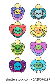 Set of children's pacifiers with cute kawaii faces. Nipple newborn child collections isolated on white background. Baby care equipment. Vector illustration.