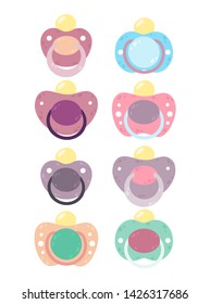 Set of children's pacifiers. Nipple newborn child collections isolated on white background. Baby care equipment. Vector illustration.