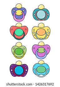 Set of children's pacifiers. Nipple newborn child collections isolated on white background. Baby care equipment. Vector illustration.