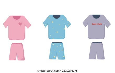 Set of children's pajamas. Pajamas with short sleeves and shorts.  Vector illustration