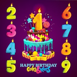 A Set For A Children's Party. Happy Birthday Cake And Numbers For Each Year. Vector Illustration