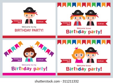 Set children's party invitations, birthday. Pirate birthday. Party for the princesses. Vector illustration.