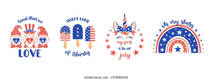 Set of childrens patriotic illustrations. Cute vector prints for 4th of July. Independence day design elements in the colors of the US national flag. Baby, kids patriotic designs.